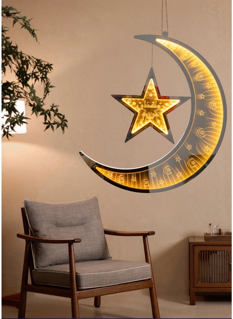 XIANYE Ramadan Large Crescent Moon Hanging LED Light, 19 Inches Mosque Eid Mubarak Window Light Plug Powered Warm White Crafts Light with Star Ornament, Big Shining Decoration LED Fairy Light for Home Party, Muslims, Islamic Festive Gift - Image 3